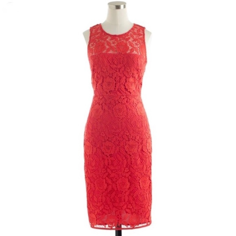 J. Crew Women’s Coral Sleeveless Sheath Midi Dress Floral Pattern Lace Size 14